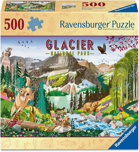 Ravensburger Glacier National Park puzzle box with colorful illustration of a forest and mountains.