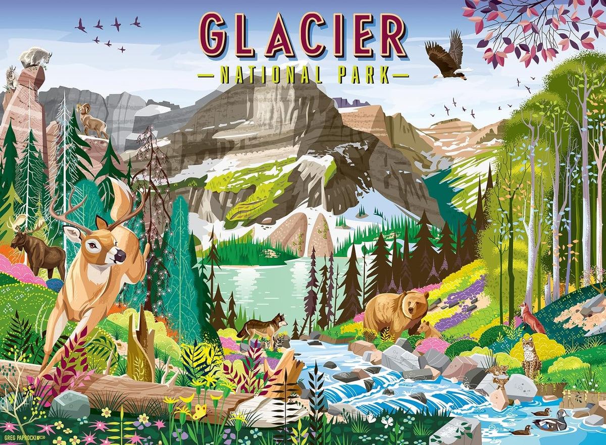ravensburger glacier national park jigsaw puzzle featuring Illustration of Glacier National Park with animals and natural scenery.