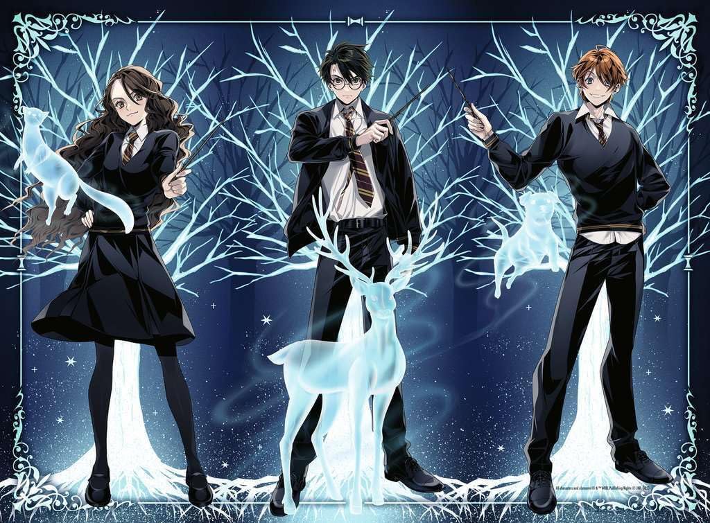 ravensburger glow in the dark 500-piece "glowing patronus" jigsaw puzzle of Three animated characters in school uniforms with their corresponding patronus
