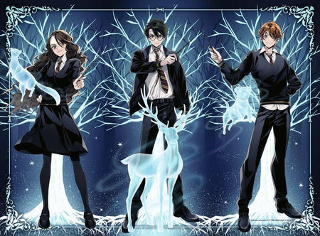 ravensburger glow in the dark 500-piece "glowing patronus" jigsaw puzzle of Three animated characters in school uniforms with their corresponding patronus