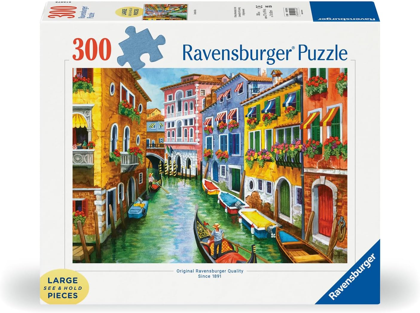 Ravensburger puzzle box with a scenic Italian canal and buildings illustration.