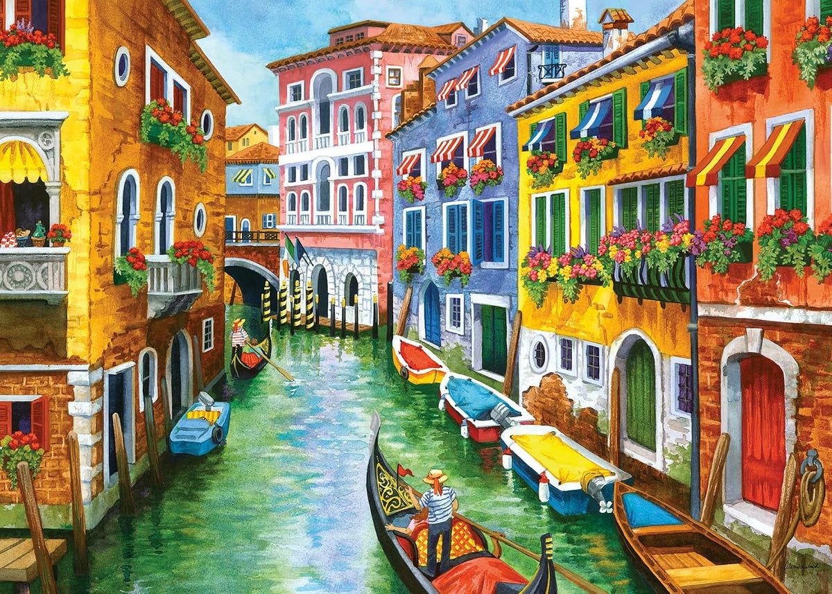 ravensburger gondola ride large format jigsaw puzzle of Colorful Italian canal scene with gondolas and traditional buildings.