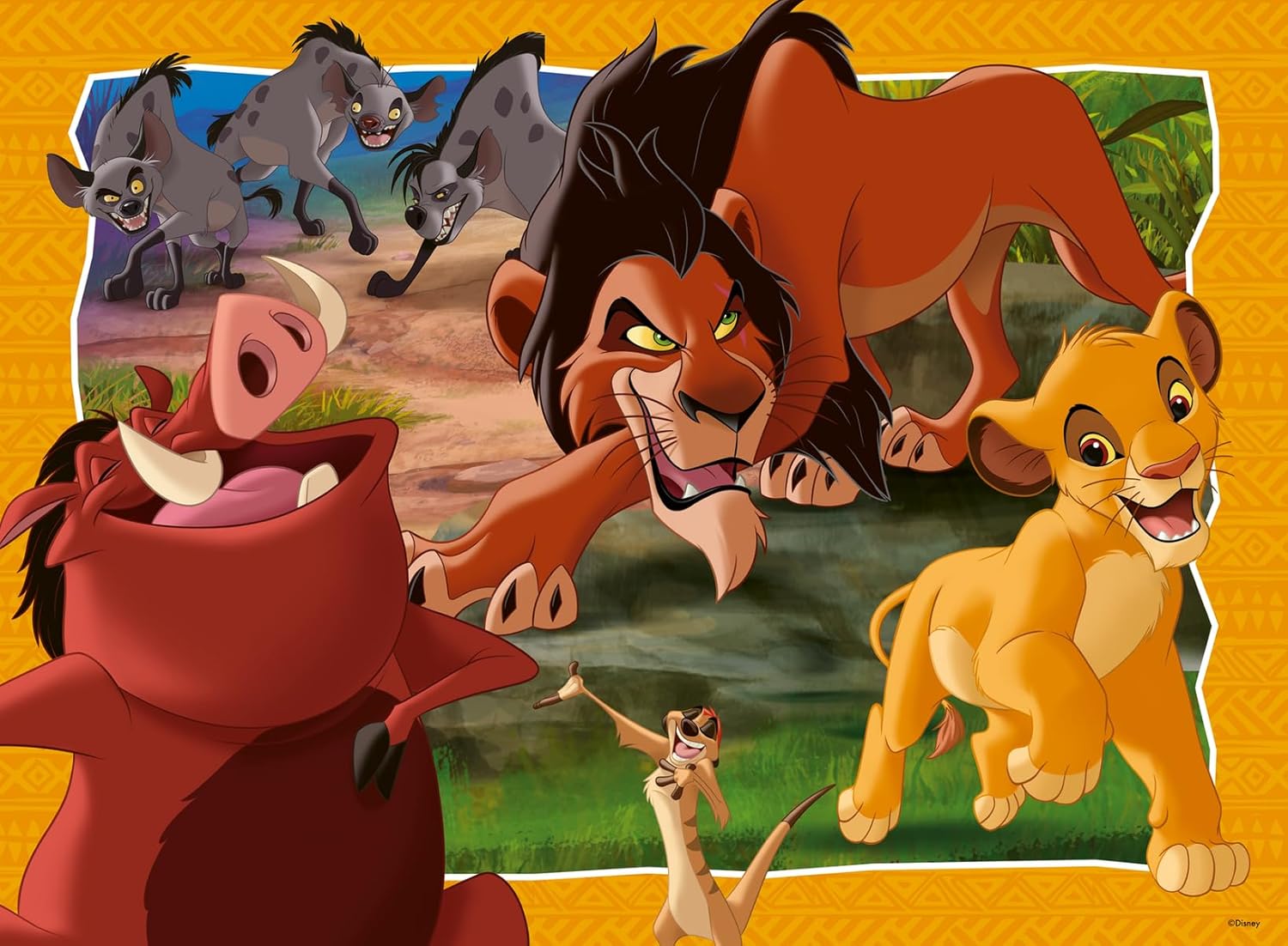 ravensburger hakuna matata jigsaw puzzle of Animated characters from 'The Lion King' on a yellow background