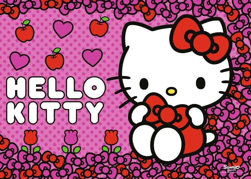 ravensburger hello kitty jigsaw puzzle of Hello Kitty on a pink polka dot background with hearts, bows and apples.