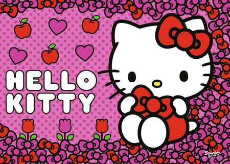 ravensburger hello kitty jigsaw puzzle of Hello Kitty on a pink polka dot background with hearts, bows and apples.