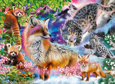 ravensburger himalayan harmony jigsaw puzzle featuring collage of animals including fox, snow leopard, and red panda