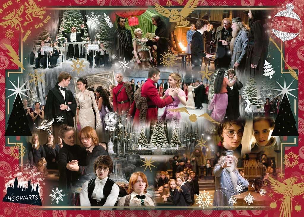 ravensburger holidays at hogwarts jigsaw puzzle featuring Collage of harry potter characters in formal attire with festive decorations at Hogwarts 