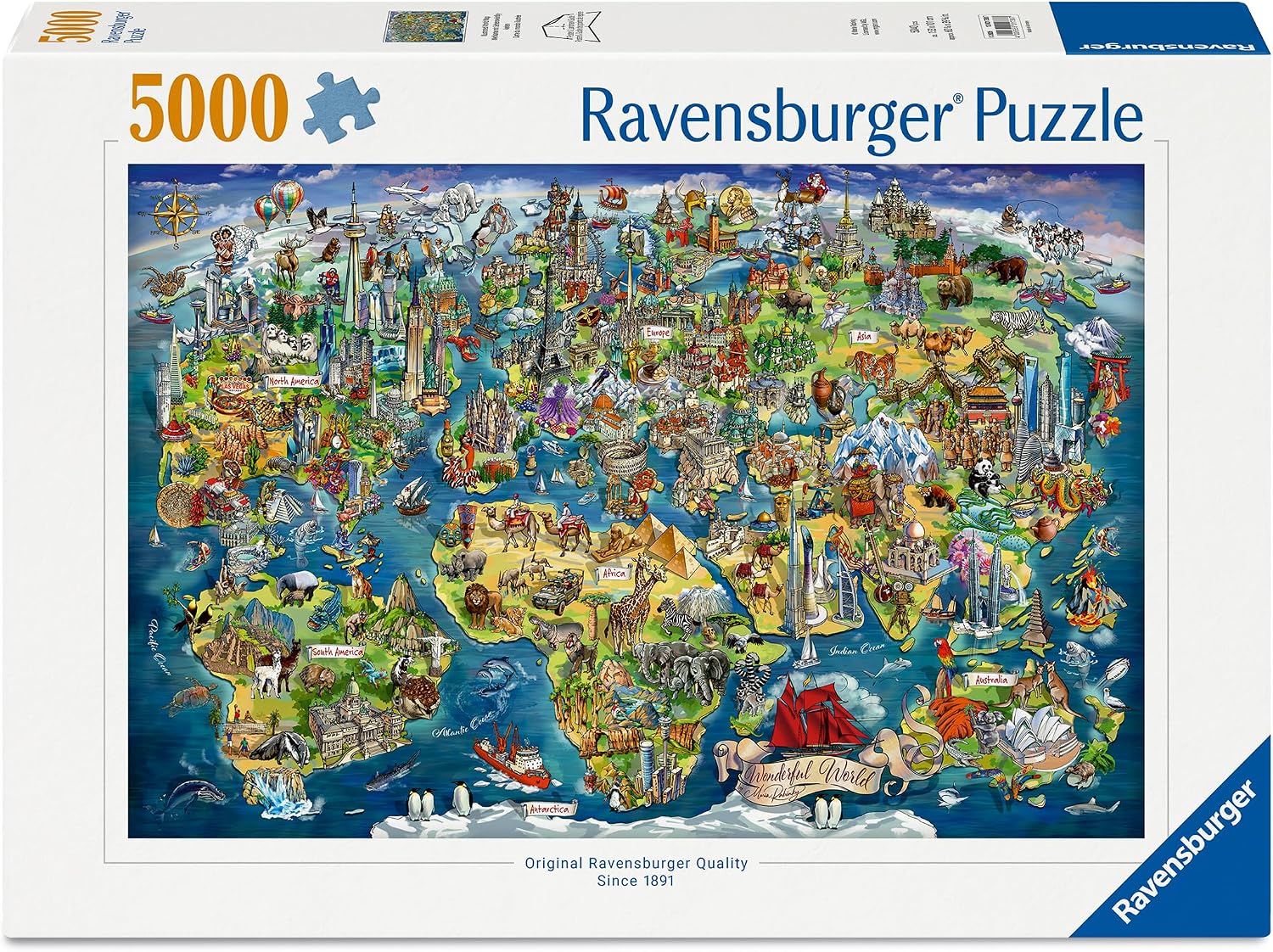 ravensburger illustrated world map 5000-piece jigsaw puzzle box of locations with images that correspond with the region