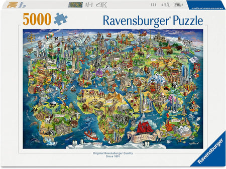 ravensburger illustrated world map 5000-piece jigsaw puzzle box of locations with images that correspond with the region