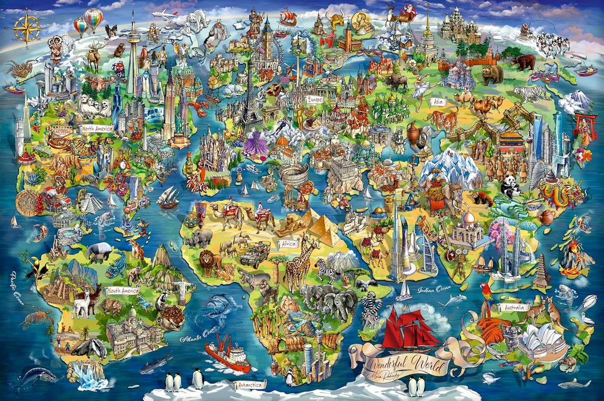 ravensburger illustrated world map 5000-piece jigsaw puzzle of locations with images that correspond with the region