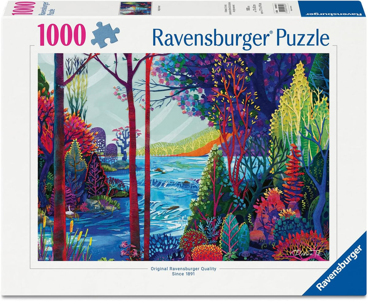 Ravensburger indigo forest jigsaw puzzle box with a colorful forest design