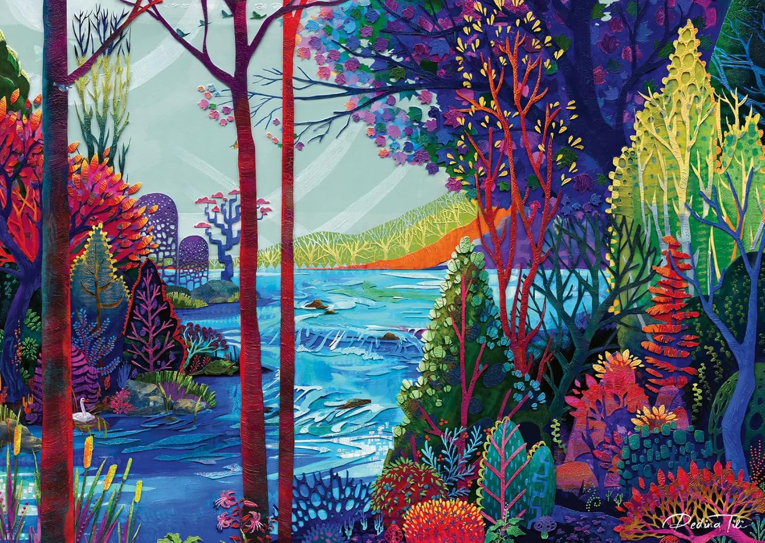 ravensburger indigo forest jigsaw puzzle of colorful forest scene with trees and water