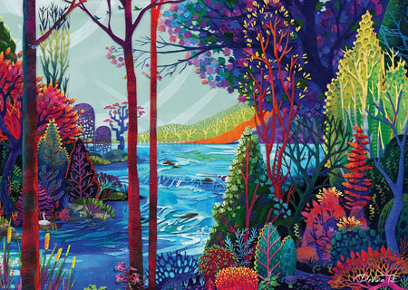 ravensburger indigo forest jigsaw puzzle of colorful forest scene with trees and water