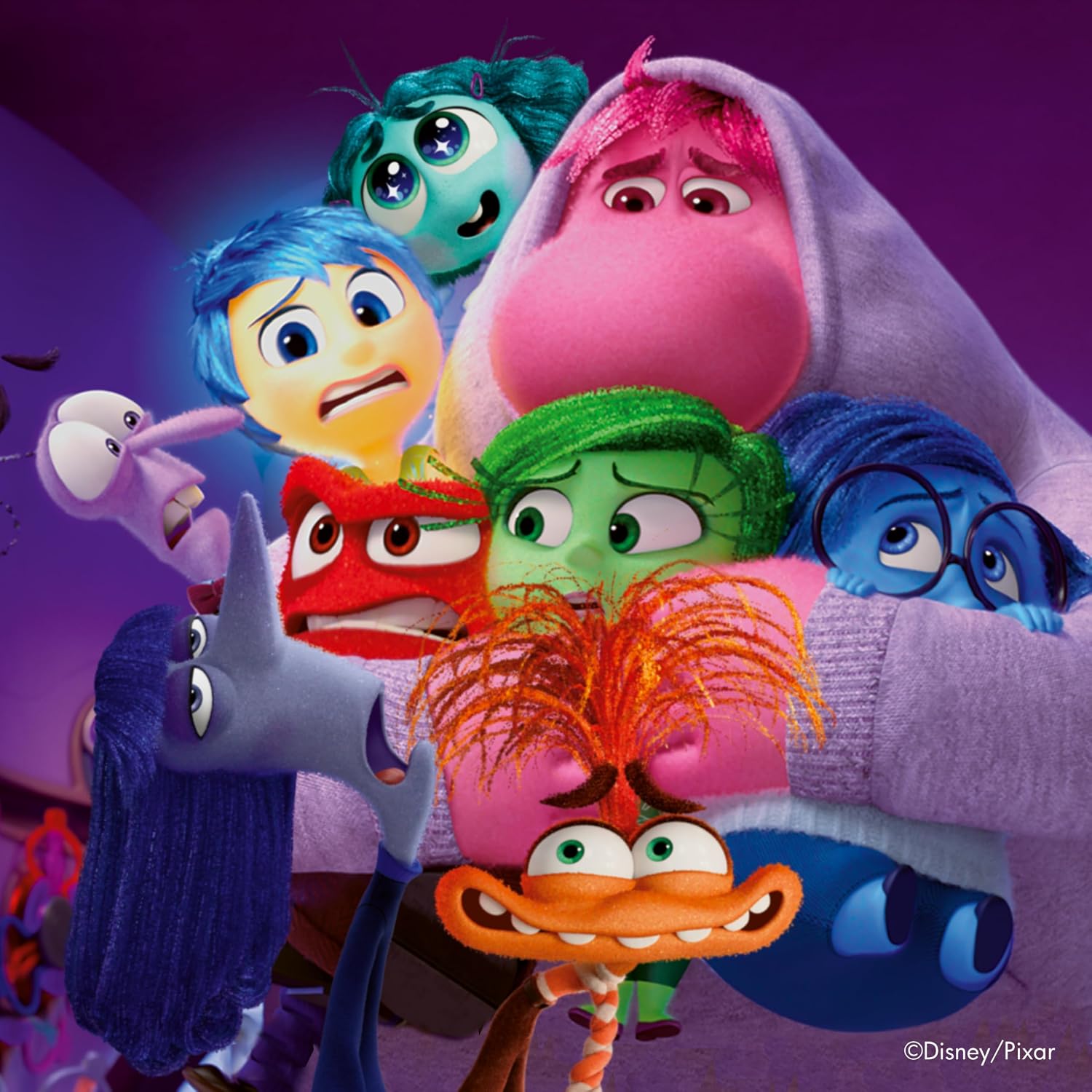 Animated characters from Pixar's Inside Out on a purple background