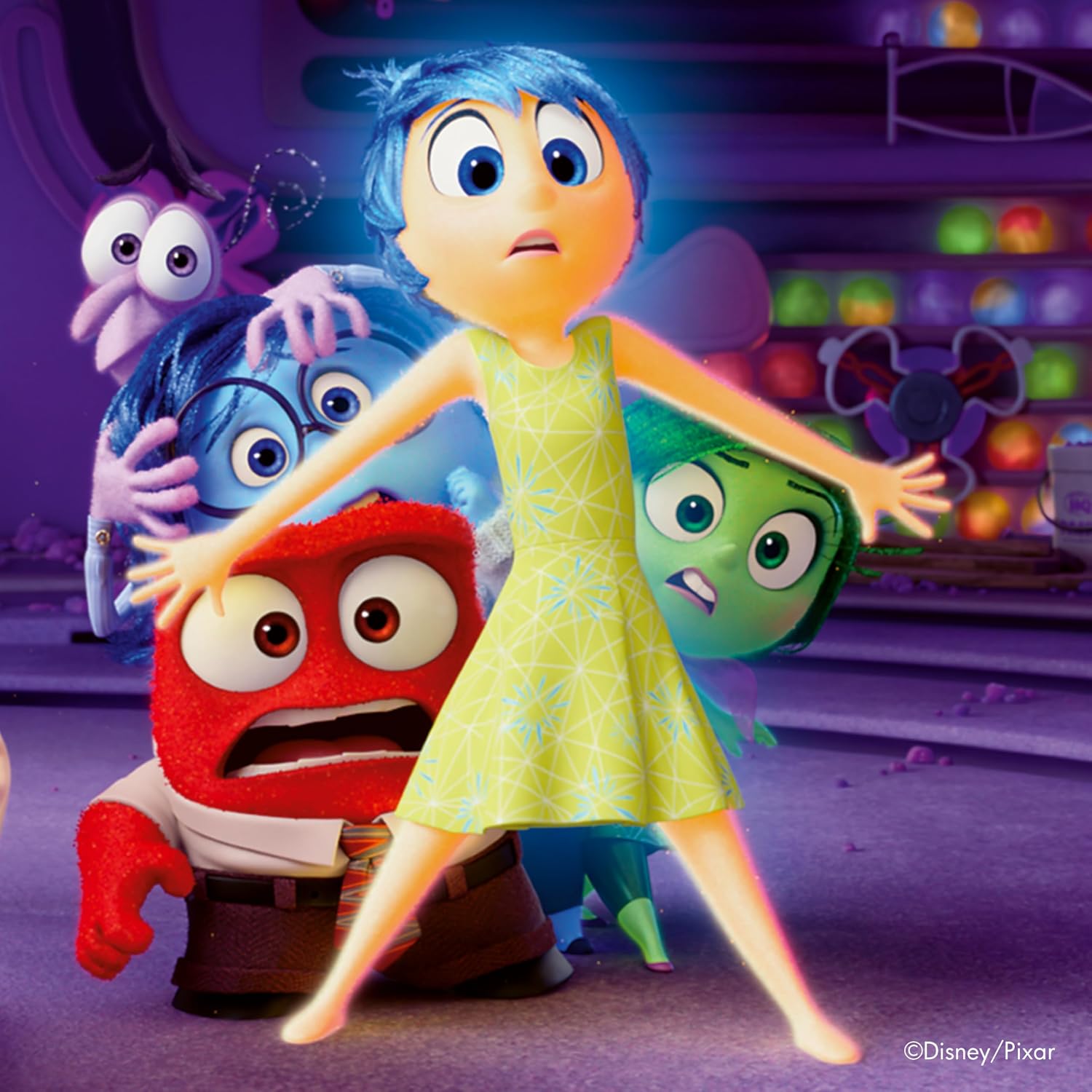 Animated characters from Inside Out in a colorful room