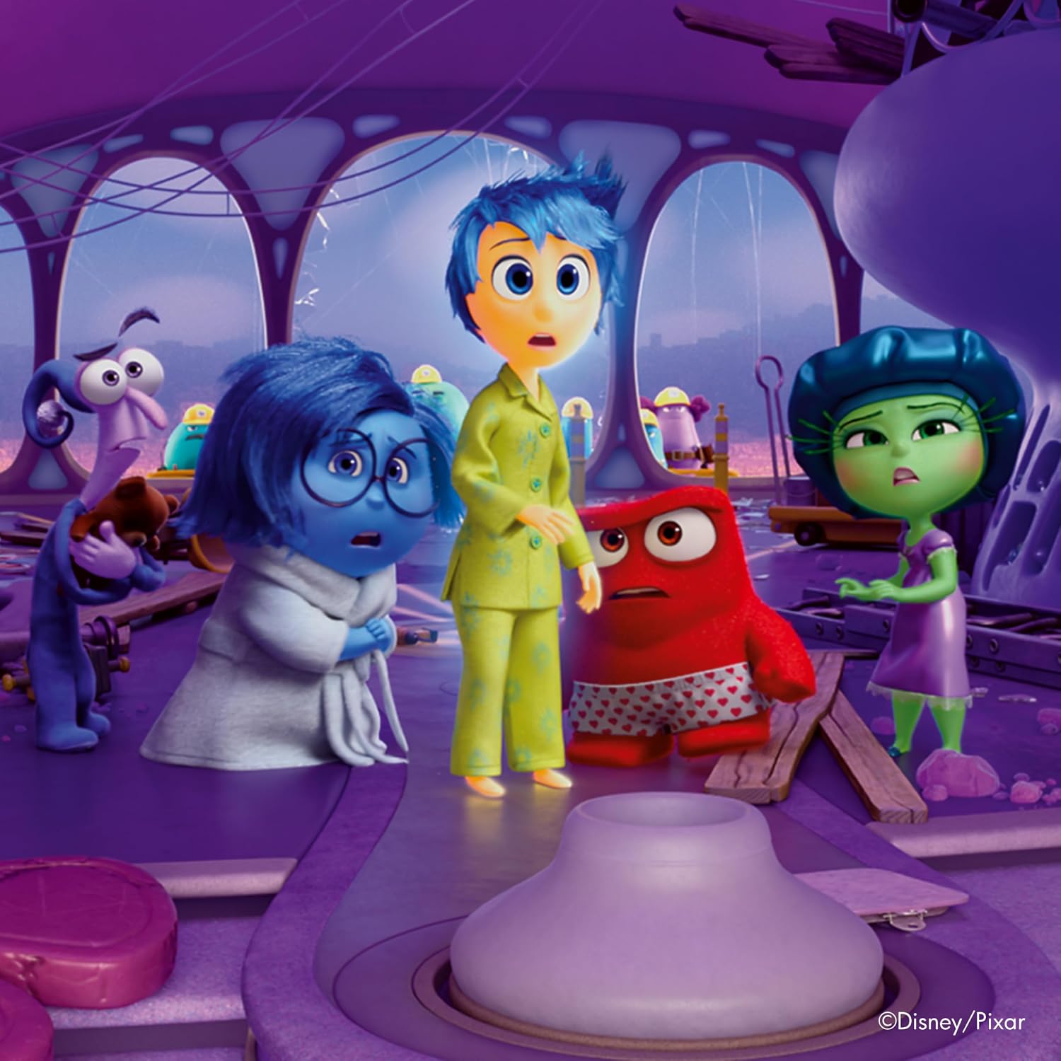 Animated characters from Inside Out in a futuristic setting