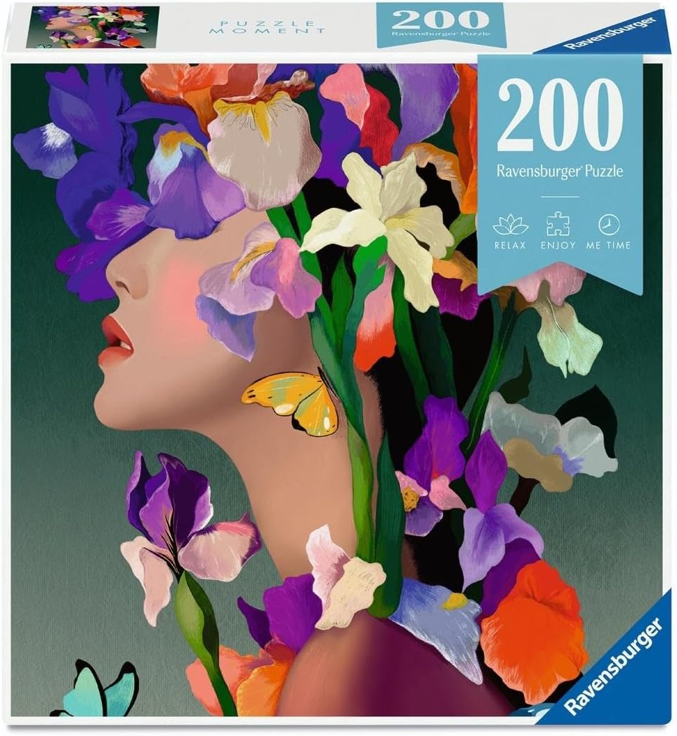ravensburger iris jigsaw puzzle box of woman with flowers on her head covering her face