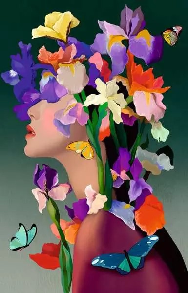 ravensburger iris jigsaw puzzle of woman with flowers on her head covering her face and hovering butterflies