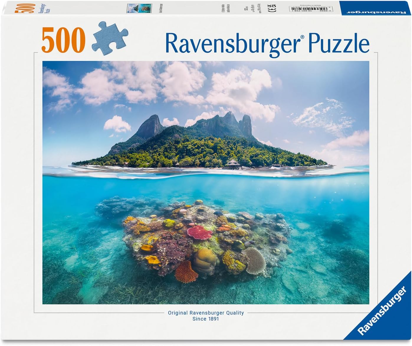 Ravensburger puzzle packaging with an island and coral reef