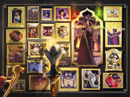 ravensburger jafar jigsaw puzzle featuring collection of animated character portraits in gold frames with a central lamp and scepter.