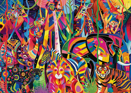 ravensburger jeweled jungle jigsaw puzzle of Colorful and abstract animals in a jungle setting