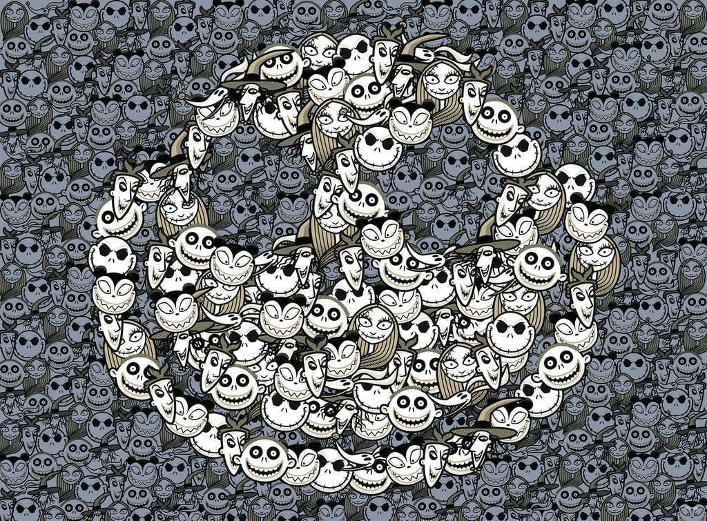 ravensburger king of fright jigsaw puzzle featuring Circular arrangement of cartoon characters on a dark background with Jack Skellington's skull pattern