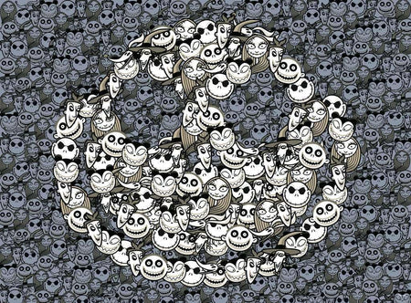 ravensburger king of fright jigsaw puzzle featuring Circular arrangement of cartoon characters on a dark background with Jack Skellington's skull pattern