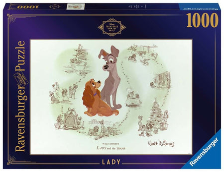 Ravensburger puzzle box featuring Lady and the Tramp with a blue border