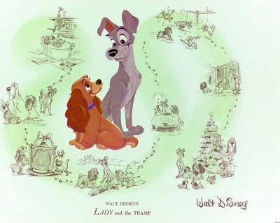 ravensburger lady and the tramp jigsaw puzzle Illustration of Lady and the Tramp with various scenes from the movie on a light green background. 
