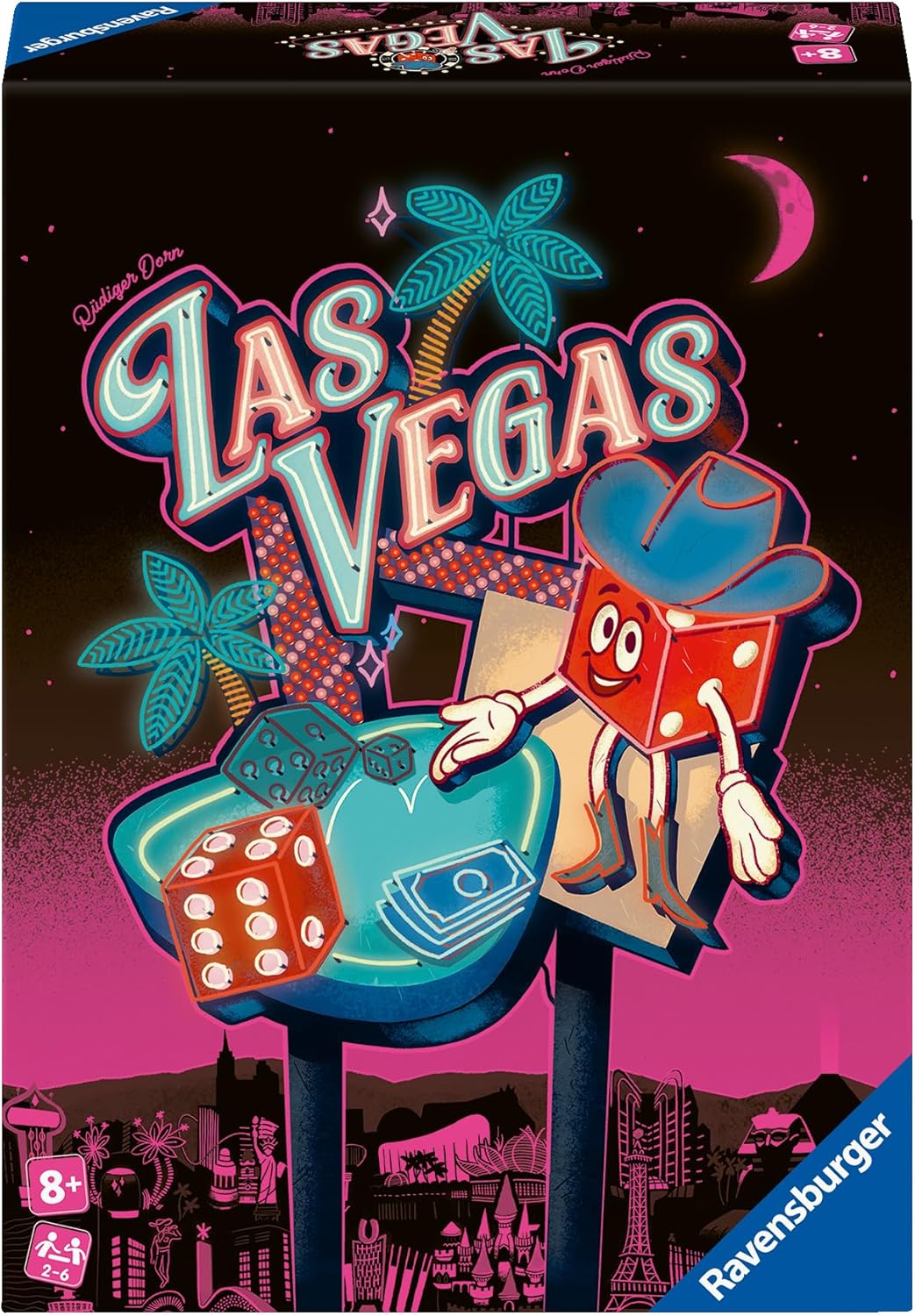 Board game box for 'Las Vegas' by Ravensburger with colorful design and dice characters.
