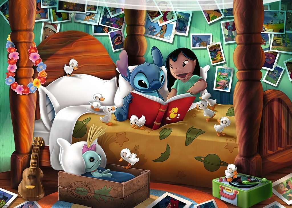 ravensburger lilo & stitch jigsaw puzzle of Animated scene with characters reading a book in a bedroom filled with toys and posters.