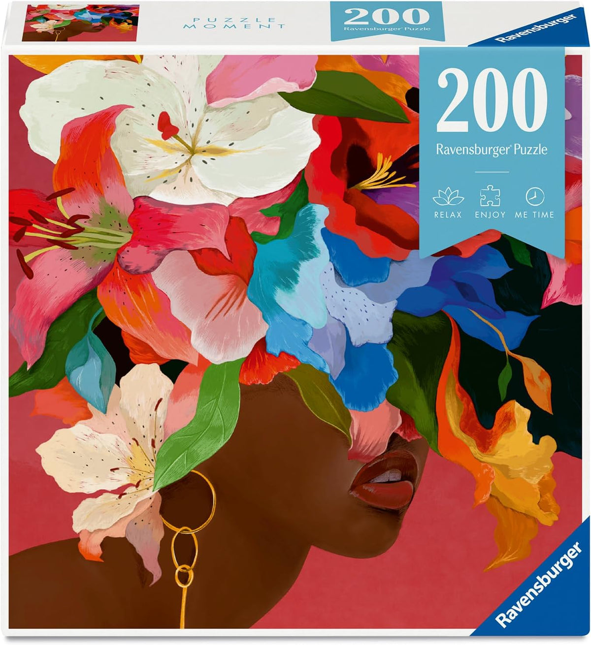 colorful ravensburger lily jigsaw puzzle box of flowers on a woman's head covering her face