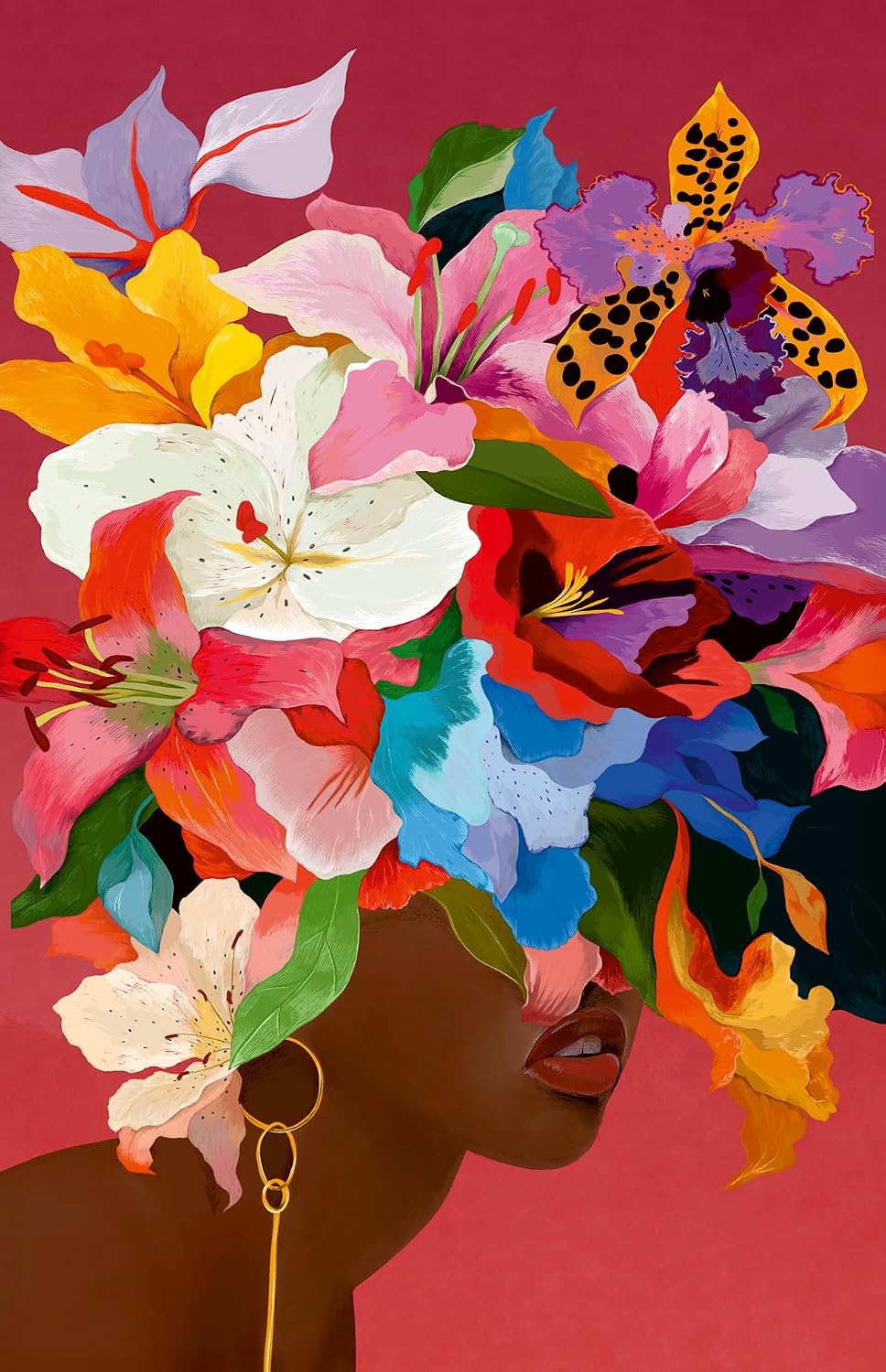 colorful ravensburger lily jigsaw puzzle of flowers on a woman's head covering her face