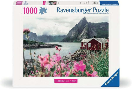 Ravensburger jigsaw puzzle box with a scenic view of a house by a lake and mountains.