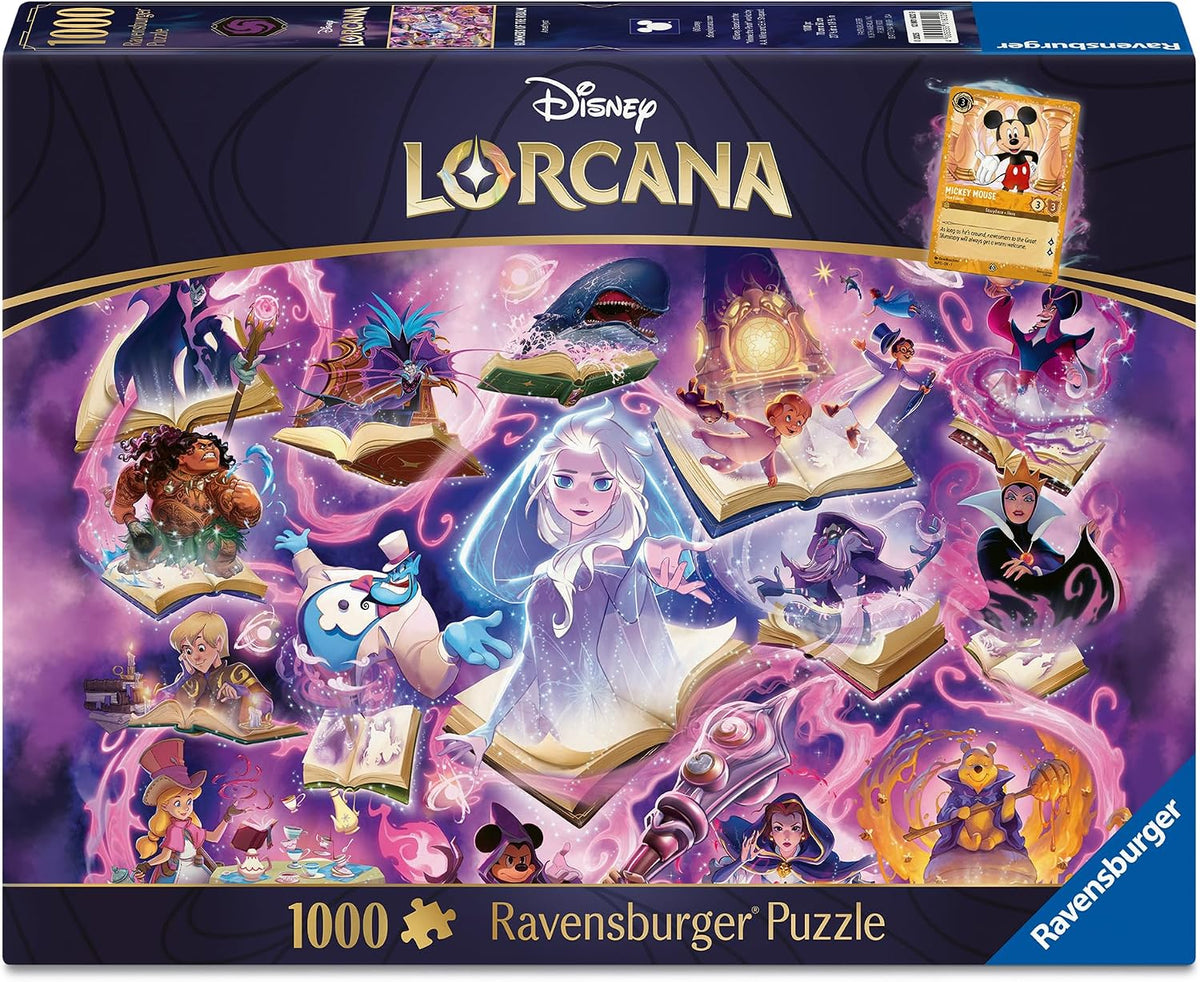 Disney Lorcana 1000-piece Ravensburger jigsaw puzzle box, featuring a vibrant and detailed illustration of magical characters, floating books, and mystical elements in shades of purple, pink, and blue.