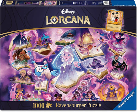 Disney Lorcana 1000-piece Ravensburger jigsaw puzzle box, featuring a vibrant and detailed illustration of magical characters, floating books, and mystical elements in shades of purple, pink, and blue.