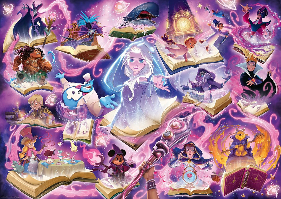 Colorful Ravensburger Lorcana amethyst jigsaw puzzle of Disney characters with books and magical elements on a purple background