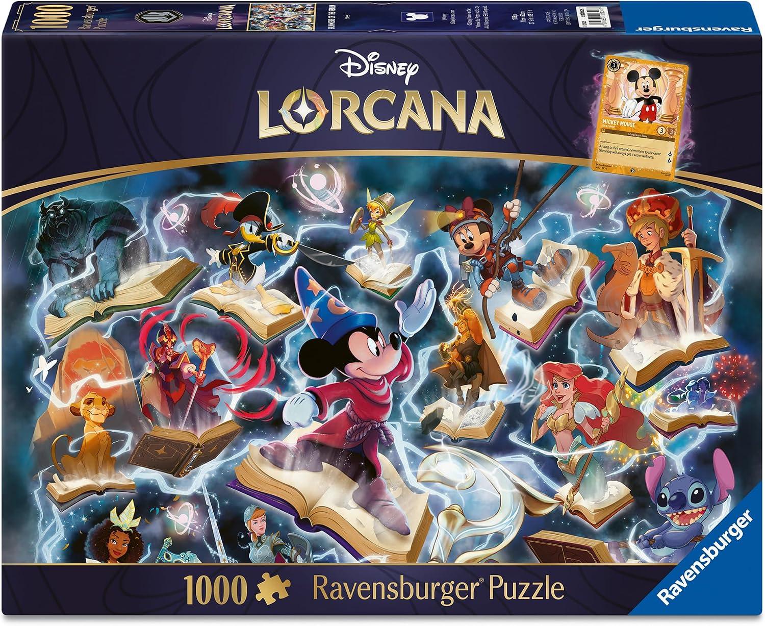 Disney Lorcana Ravensburger puzzle box with characters and books on a dark background