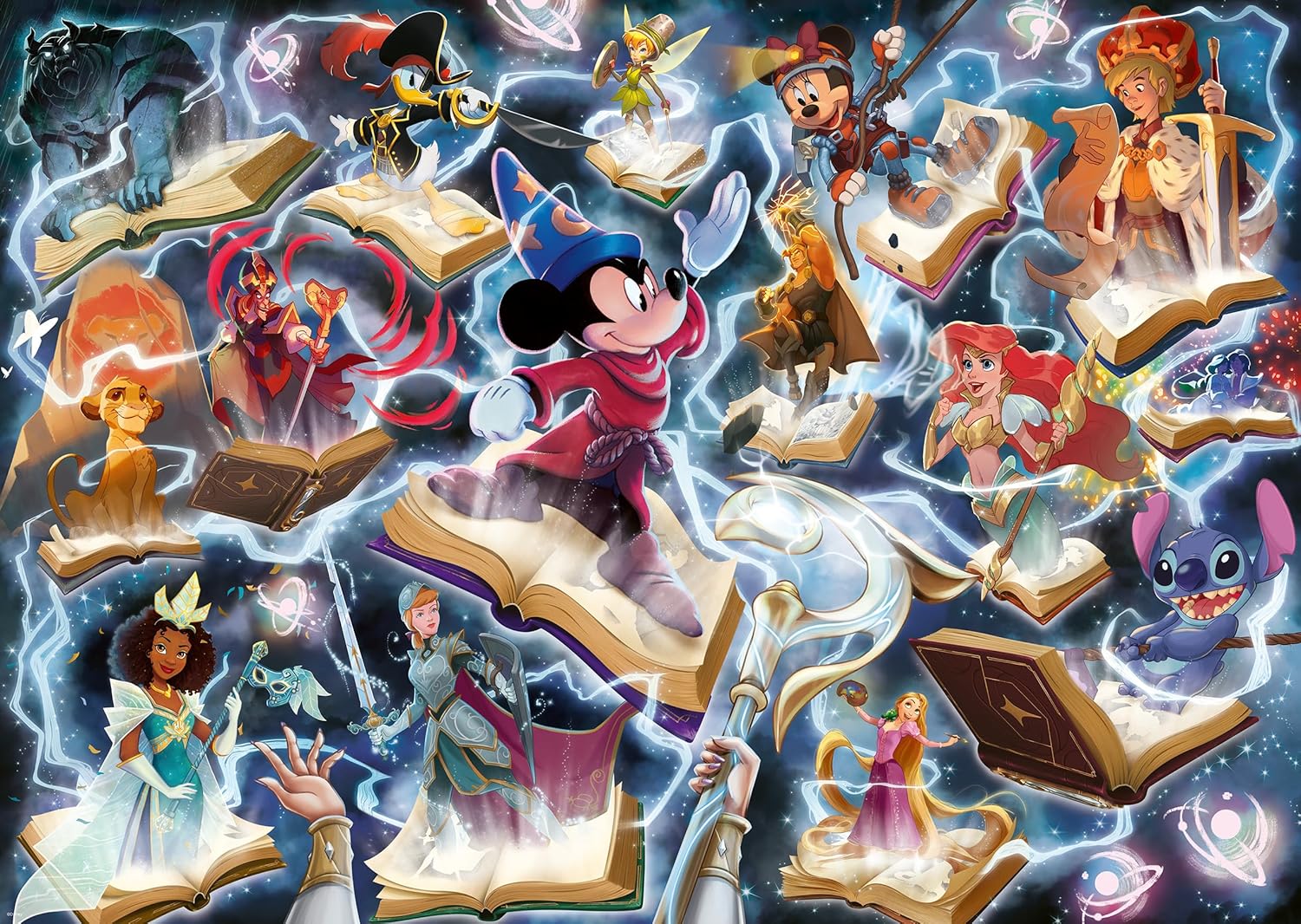 Ravensburger Lorcana "Steel" puzzle collage of animated characters from Disney movies with books and magical elements.