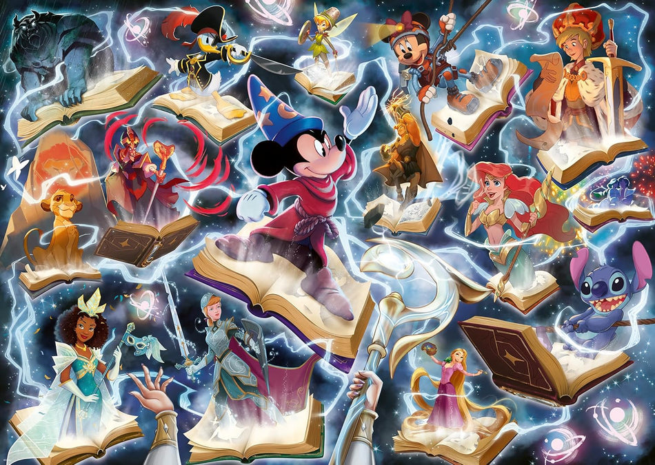 Ravensburger Lorcana "Steel" puzzle collage of animated characters from Disney movies with books and magical elements.
