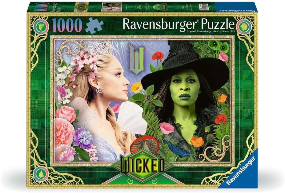 Ravensburger puzzle box featuring characters from the musical 'Wicked' with decorative elements.