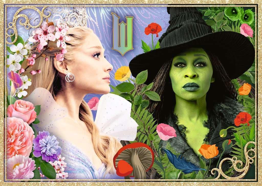 ravensburger love without limits jigsaw puzzle featuring the witches Glinda and Elphaba surrounded by flowers and nature elements.