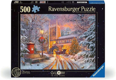 Ravensburger puzzle box with a winter scene of a church and bench, featuring 'Glow in the Dark' edition.
