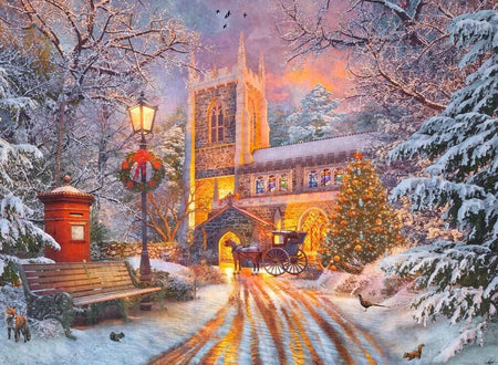 ravensburger glow in the dark magical christmas jigsaw puzzle of a Winter scene with a church, carriage, and decorated trees in a snowy village.