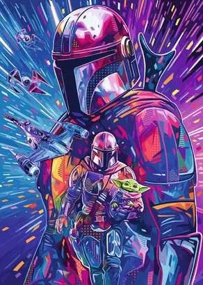 ravensburger the mandalorian colorful jigsaw puzzle depicting characters from Star Wars, specifically The Mandalorian and Baby Yoda, with a vibrant and dynamic design.