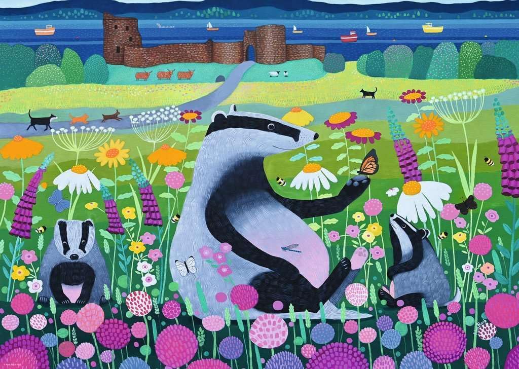 Colorful ravensburger meadow mischief jigsaw puzzle featuring illustration of badgers amongst flowers and a castle in the background