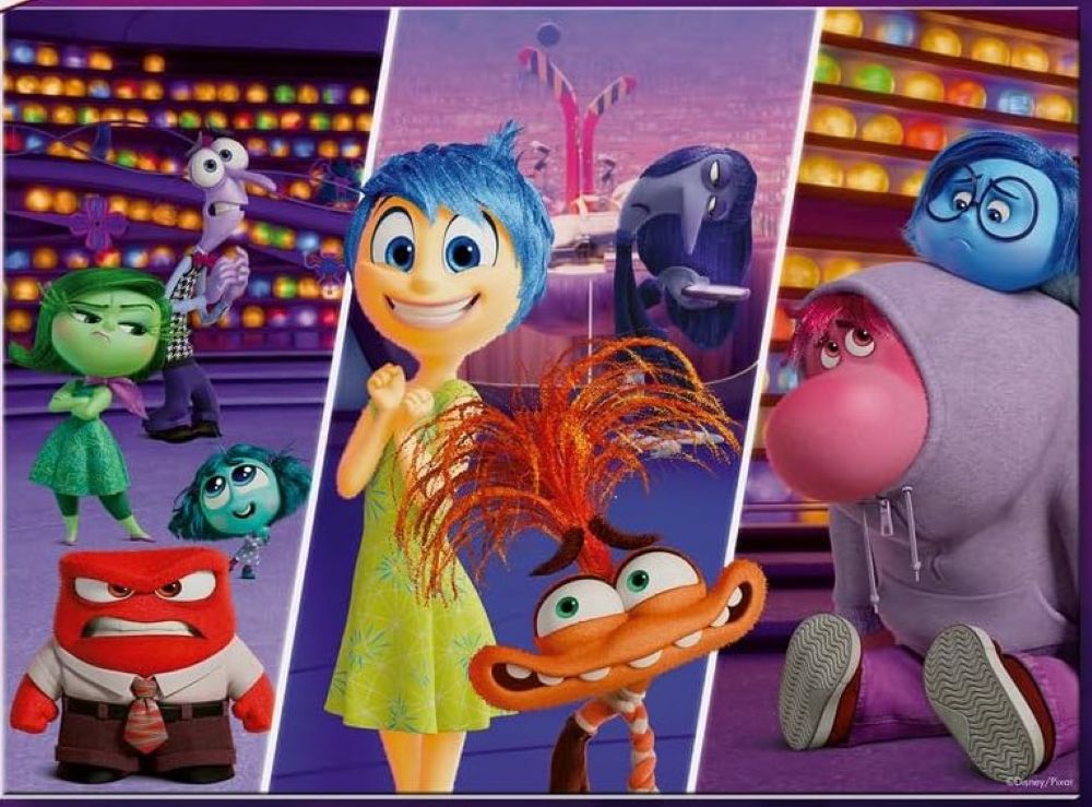 ravensburger meeting new emotions jigsaw puzzle featuring Collage of animated characters from the movie 'Inside Out 2' with colorful backgrounds.