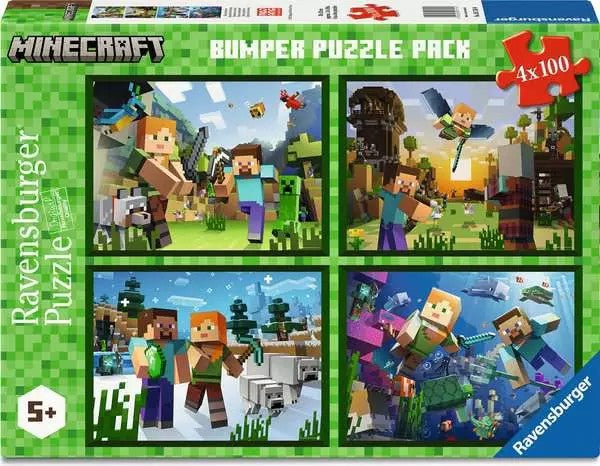 ravensburger Minecraft bumper jigsaw puzzle pack with four puzzles on a green box