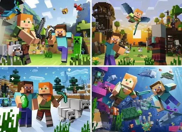 ravensburger Collage of Minecraft characters in various scenarios with pixelated graphics.