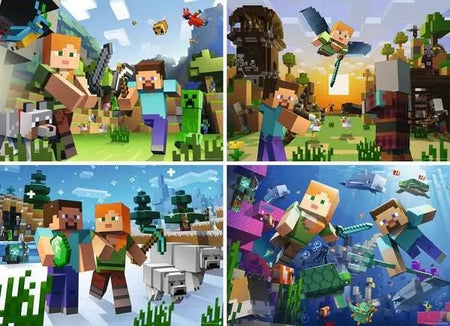 ravensburger Collage of Minecraft characters in various scenarios with pixelated graphics.